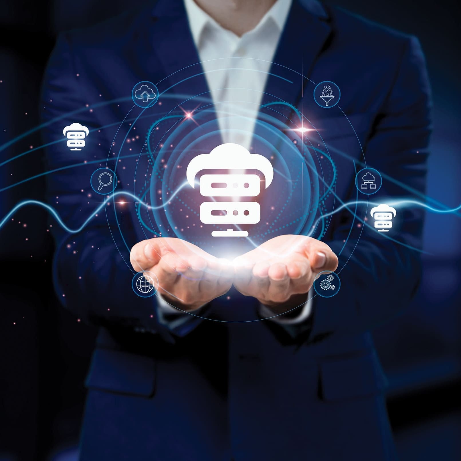 Businessman Holding Virtual Hosting Network Connection Icons