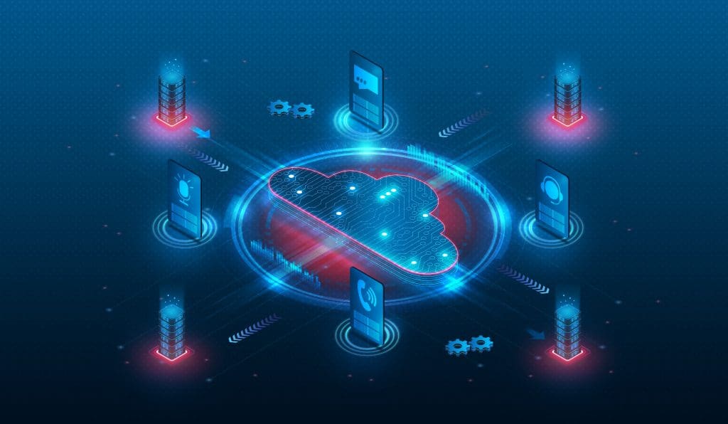 A digital representation of a cloud surrounded by representations of communication tools